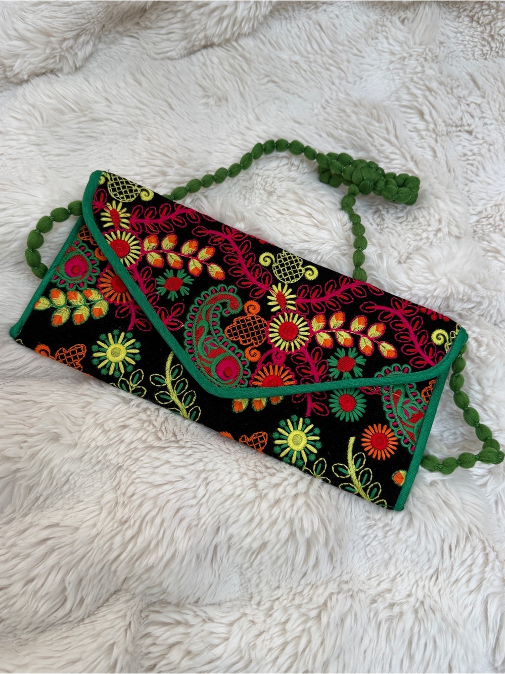 Boho clutch crossbody bright floral bag black, green, orange, pink, red, yellow